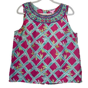 Lilly Pulitzer Womens L Silk Magenta Sleeveless Gold Accent Back Buttons